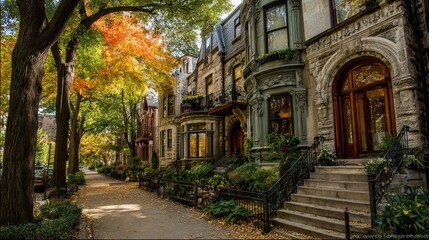 Fototapeta premium Chicago Neighborhoods. Fall Scene of Urban Brownstone Homes in the City