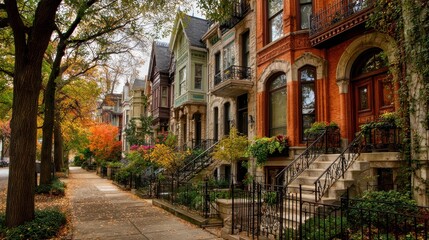 Fototapeta premium Chicago Neighborhoods. Urban City Life in Autumn: Row Houses in Upscale Residential Area