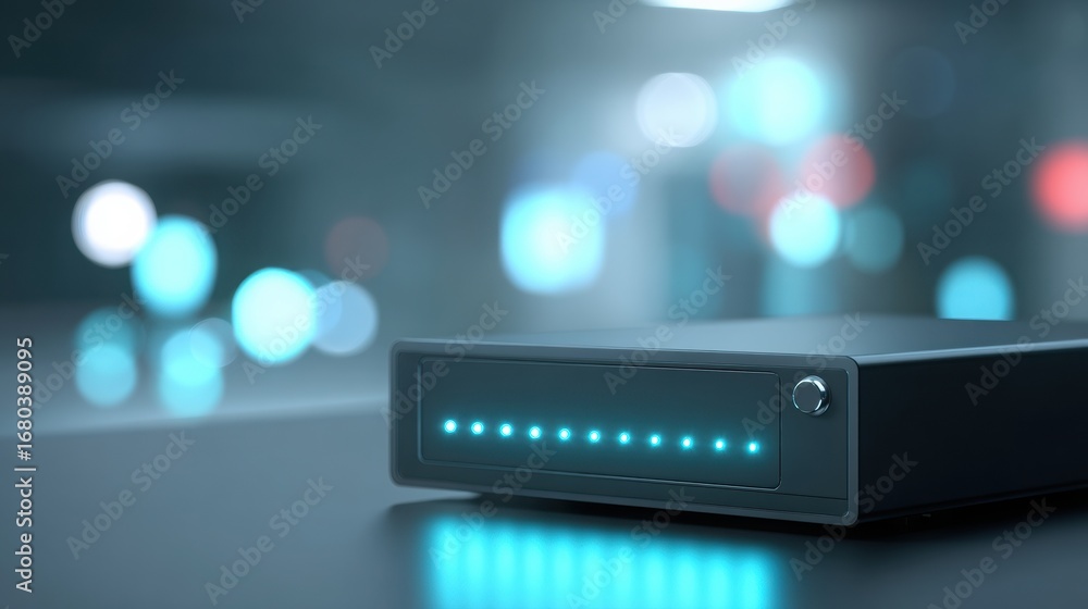 Poster sleek device with glowing indicators, set against a blurred background of colorful lights.
