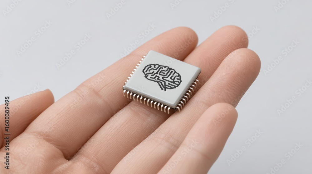 Aufkleber a hand holds a microchip featuring an intricate brain design, symbolizing technology and intelligenc