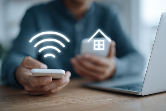 Person holding a phone with wifi and home icons overlayed, next to a laptop