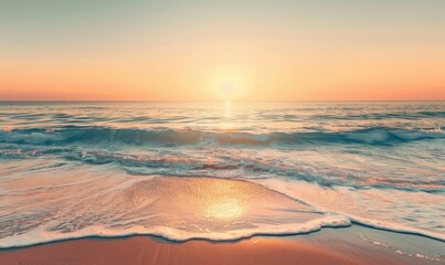 A beach with a soft orange sunset and waves crashing against the shore.
