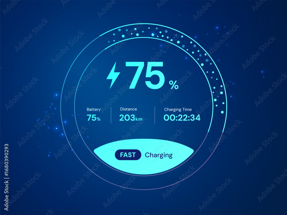 Poster electric vehicle battery dashboard hologram interface with battery charging status in futuristic cir