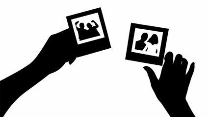 Silhouette of hands holding photographs depicting happy and sad memories on a white background