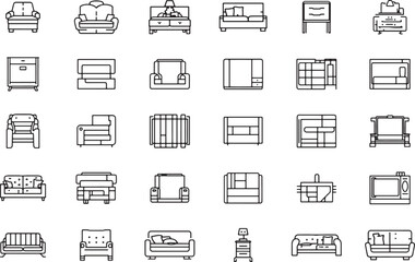 Sofa and Couch Icon Set – Furniture, Interior, Home, Living Room, Modern, Minimal, Chair, Seat, Bed, House, Apartment, Luxury, Design, Office, Relax, Home Decor, Architecture, Vector