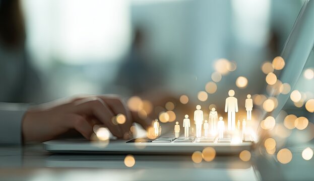 Hands typing on laptop, overlaid with glowing people icons