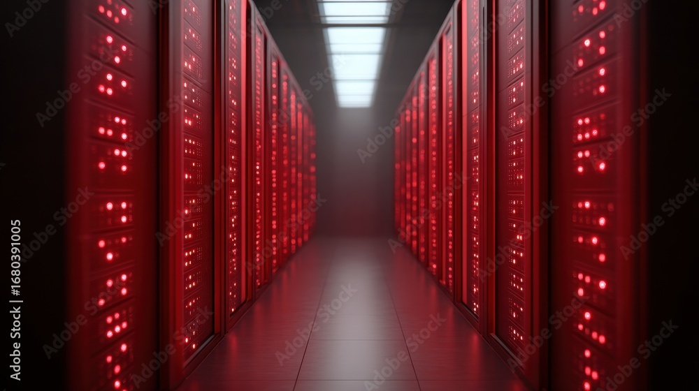 Aufkleber futuristic data center corridor illuminated in red light, showcasing rows of servers.