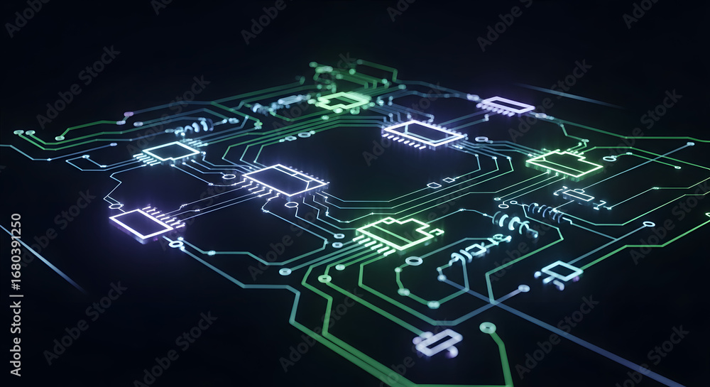 Aufkleber abstract circuit board with glowing elements on dark background