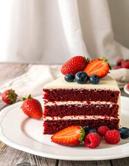 A delectable slice of red velvet cake, layered with creamy frosting and garnished with fresh berries.