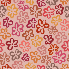 Seamless vector pattern with playful multicolored hand painted flowers on light coral pink background, cheerful design for kids textiles, gift wrap and stationery