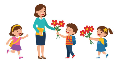 Teacher Receiving Flowers From Happy Students.