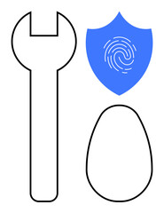Wrench, fingerprint shield, and egg shape highlight themes of protection, tools, and simplicity. Ideal for safety, security, maintenance, authentication repair technology and minimalistic design