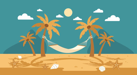 Obraz premium Serene Tropical Beach Scene with Hammock, Palm Trees, and Peaceful Sunlight