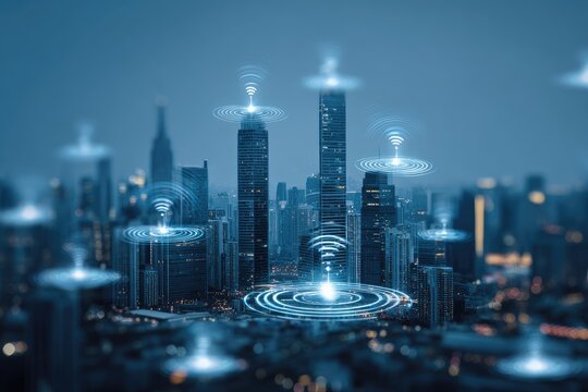 City skyline at night overlaid with glowing Wi-Fi signals