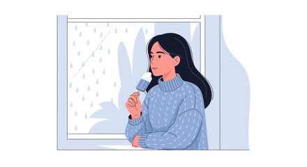 Serene Woman Enjoys Icy Treat Beside Window While Observing Gentle Rainfall
