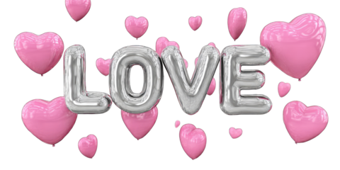 Silver balloon hearts spelling out LOVE