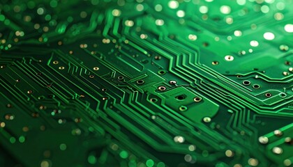 Macro of PCB solder mask matte with vias in modern green minimalism seamless wallpaper background electronic circuit texture surface detail abstract pattern for design decoration technology style