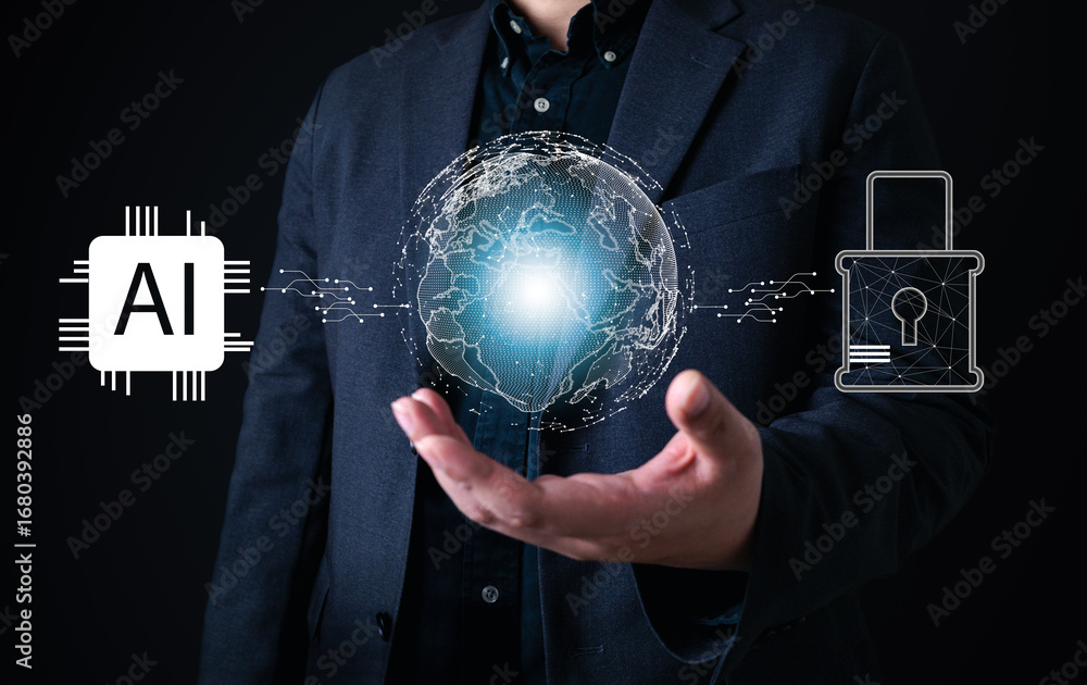 Poster businessman showing a glowing digital globe between ai and padlock icons, representing artificial in