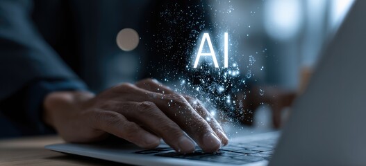 Close-up of hands typing on a laptop, with the word "AI" appearing as particles in the air above the keyboard