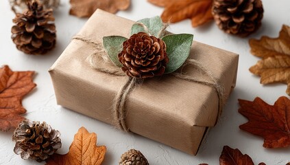 Rustic gift box adorned with fall foliage