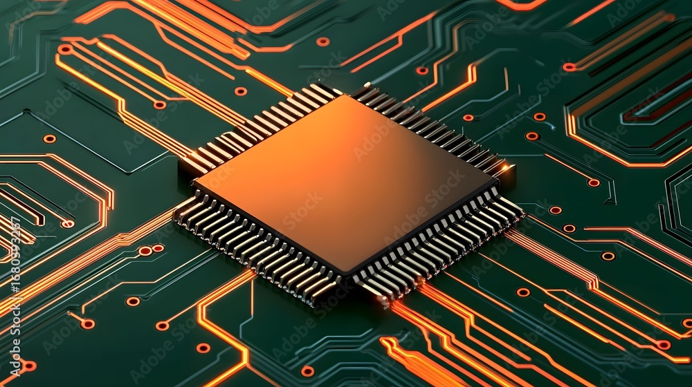 Poster the image focuses on a central microchip with numerous pins, set against a motherboard with glowing 
