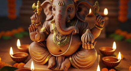Fototapeta premium Devotional ganesha idol illuminated by warm diyas festival celebration sacred blessing