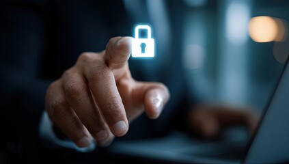 Close-up of a hand touching a glowing lock icon