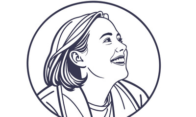 Smiling Woman Line Art Portrait in Circle Frame