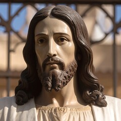 Close-up view of a detailed statue of Jesus Christ, showcasing intricate details of the face, beard, and hair, with a warm light illuminating the figure.