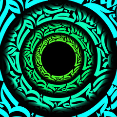 Abstract concentric circles with decorative patterns in shades of green and blue radiating out