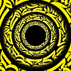 A yellow and black concentric circle pattern with abstract shapes and a central black circle