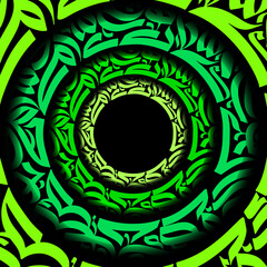Abstract concentric circles in shades of green with intricate leaf like patterns surrounding a void