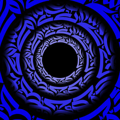 A digital rendering of concentric circles with tribal patterns in shades of blue and black hues