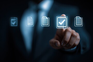 Businessman's finger touches a digital check mark over documents