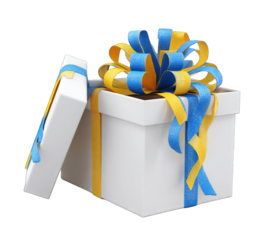 Open white gift box with blue and yellow ribbon bow