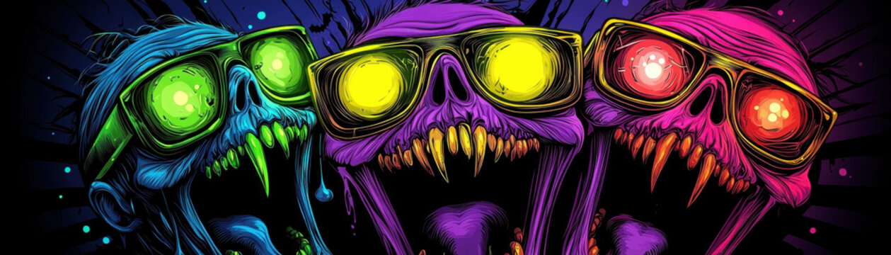 Halloween popart funny cartoon neon skull trio with glowing sunglasses and sharp teeth, bold color splash and edgy vibe for party art poster