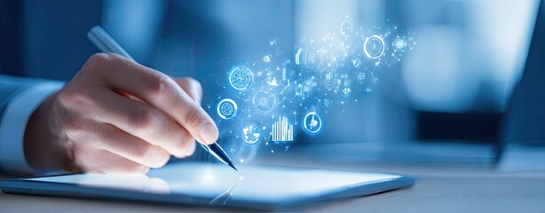 A hand holding a stylus, interacting with a digital tablet, displaying data visualization icons