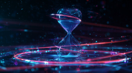 Futuristic glass hourglass with glowing neon light rings and particles on dark background, abstract digital countdown and time flow concept with copyspace