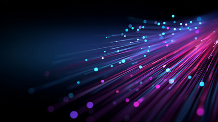 Glowing neon fiber optic strands with blue and pink light particles on dark background, abstract digital streaming flow and futuristic speed concept with copyspace