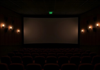 Fototapeta premium Empty movie theater auditorium with dimmed lights, showing off the rows of dark red seats and the blank screen.