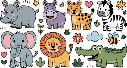 Obraz premium A collection of adorable cartoon safari and jungle animals is presented, each with a friendly and inviting expression. 