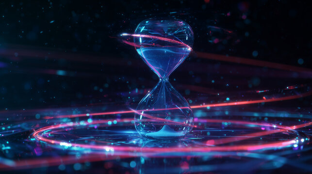 Futuristic glass hourglass with glowing neon light rings and particles on dark background, abstract digital countdown and time flow concept with copyspace
