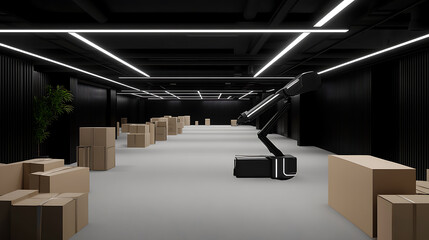 Modern Warehouse Interior with Cardboard Boxes and Robotic Arm
