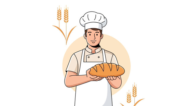 Smiling Baker Presenting Freshly Baked Bread Loaf Illustration On Blank Background