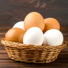 A wicker basket filled with brown and white eggs sits on a dark wooden surface.