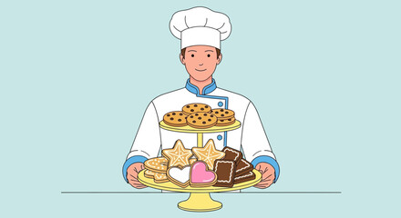 Smiling Baker Presenting Sweet Treats, Assortment of Delicious Cookies, Illustration with Chef