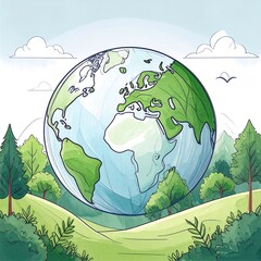 A vibrant illustration of Earth surrounded by a lush, green landscape.