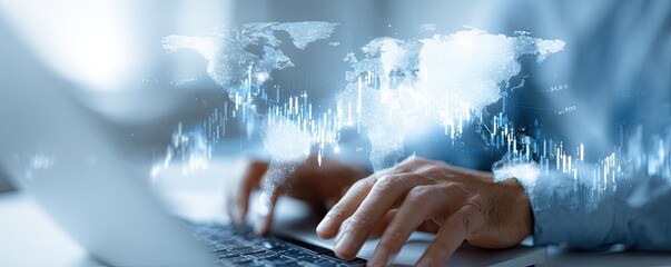 Global business data overlaid on a person working on a laptop