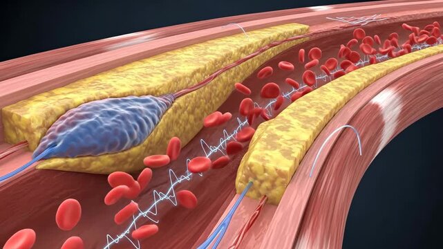 Arterial Blockage and Heart Disease: 3D Medical Animation - A detailed 3D medical animation illustrating an arterial blockage in a human artery, showing blood cells and plaque buildup.