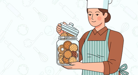 Smiling Baker Presents Freshly Baked Cookies In A Jar, Delicious Treat Illustration
